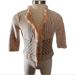 Chico's Colorful White & Orange Fringe Open Front Cascading Woven Knit Blazer L